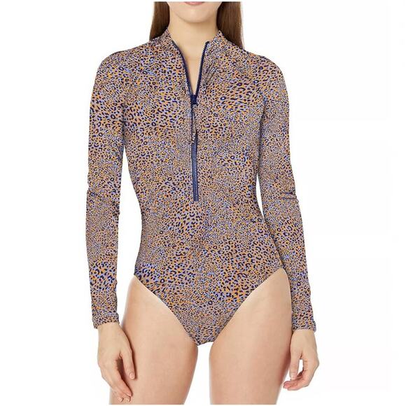 Seafolly Australia One Piece Swimsuit Long Sleeve Zip Rashguard 8 Animal Print - Picture 1 of 6